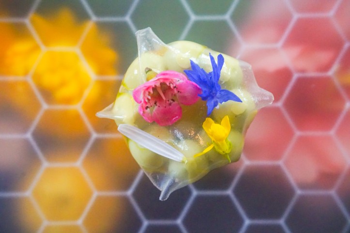 A top-down view of a delicate dessert featuring edible flowers, honeycomb background.